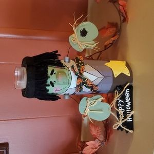 Mid 1990s Hand Painted Wood Log Frankenstein Candle Holder